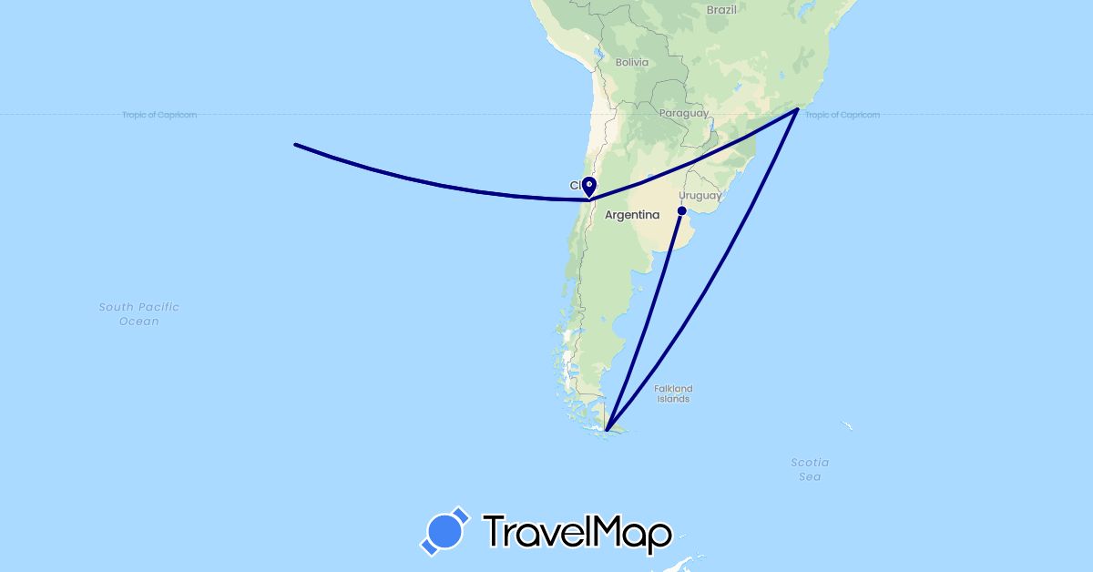 TravelMap itinerary: driving in Argentina, Brazil, Chile, New Zealand (Oceania, South America)